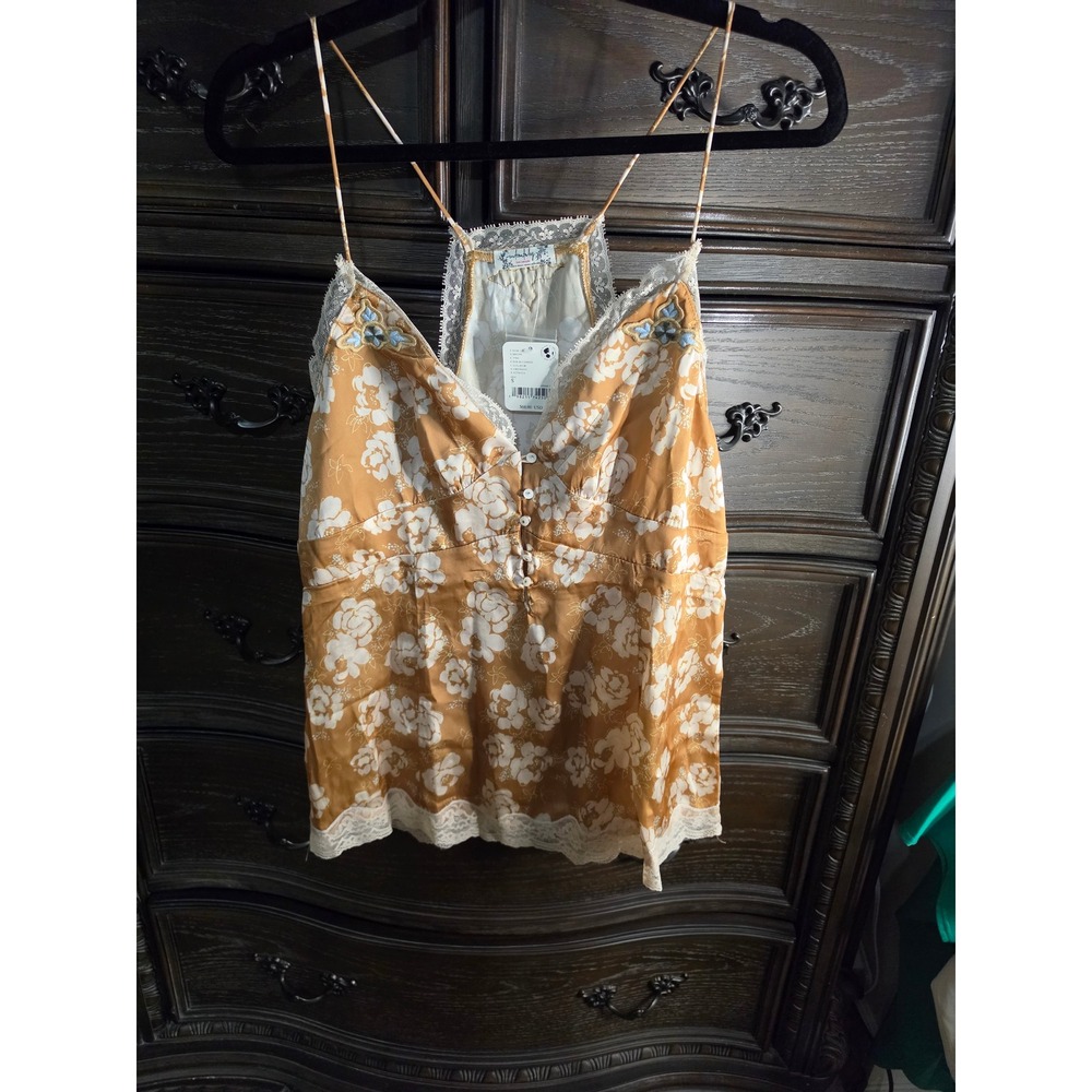 Intimately Free People Gold Floral Lace Trim Camisole Top OB2064441 Small NWT